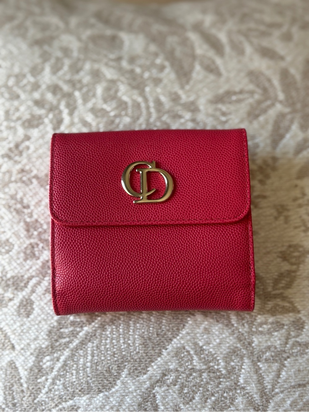 Dior Pink-Red Leather Compact Wallet with Gold CD Logo